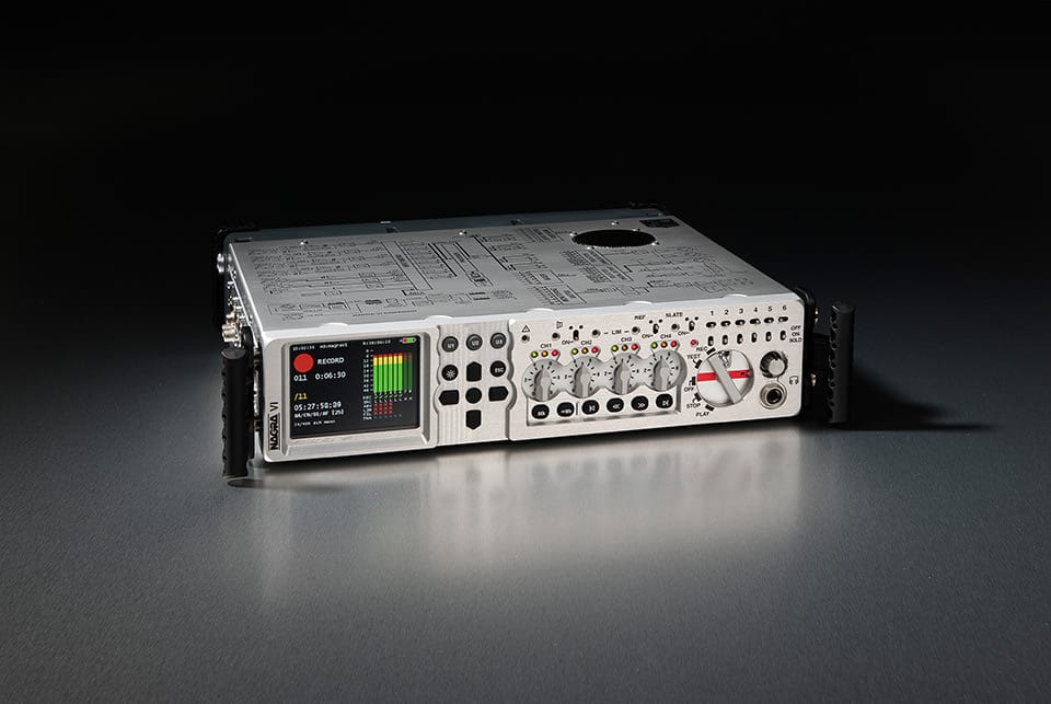 Nagra VI recorder music movie cinema front aluminum Timecode 8 track 4 microphone preamplifier