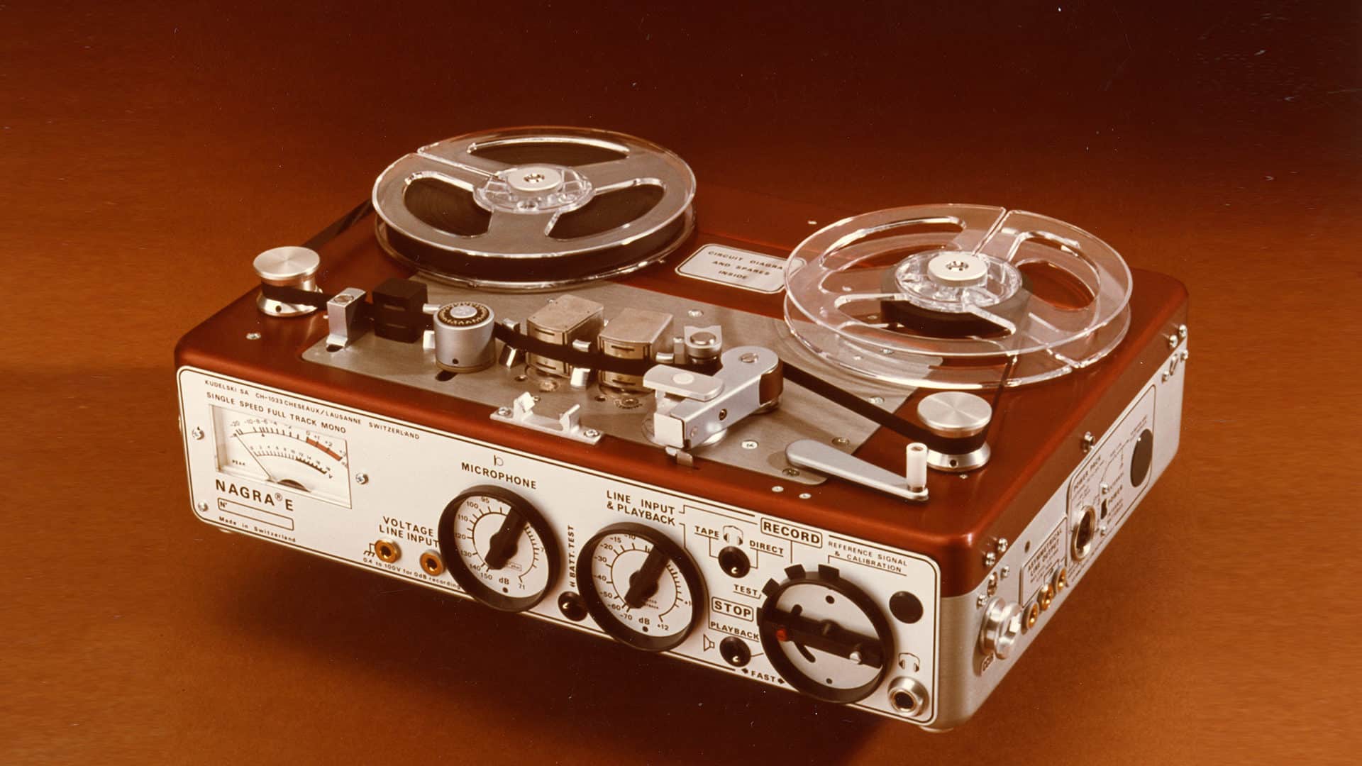 1976 NAGRA E-Economy portable mono full track analog audio tape recorder radio reporters NAB CCIR front