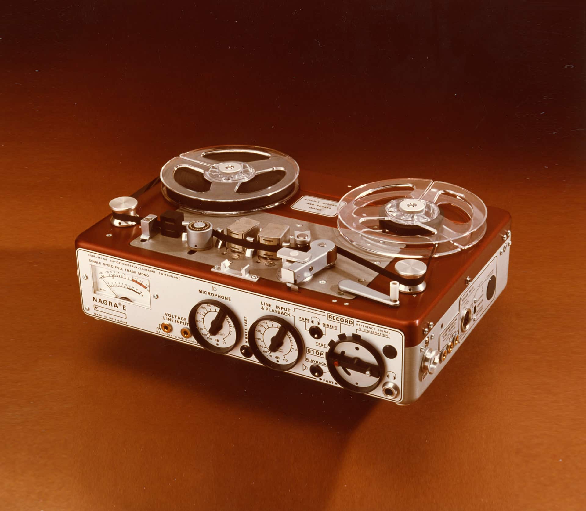 1976 NAGRA E-Economy portable mono full track analog audio tape recorder radio reporters NAB CCIR front